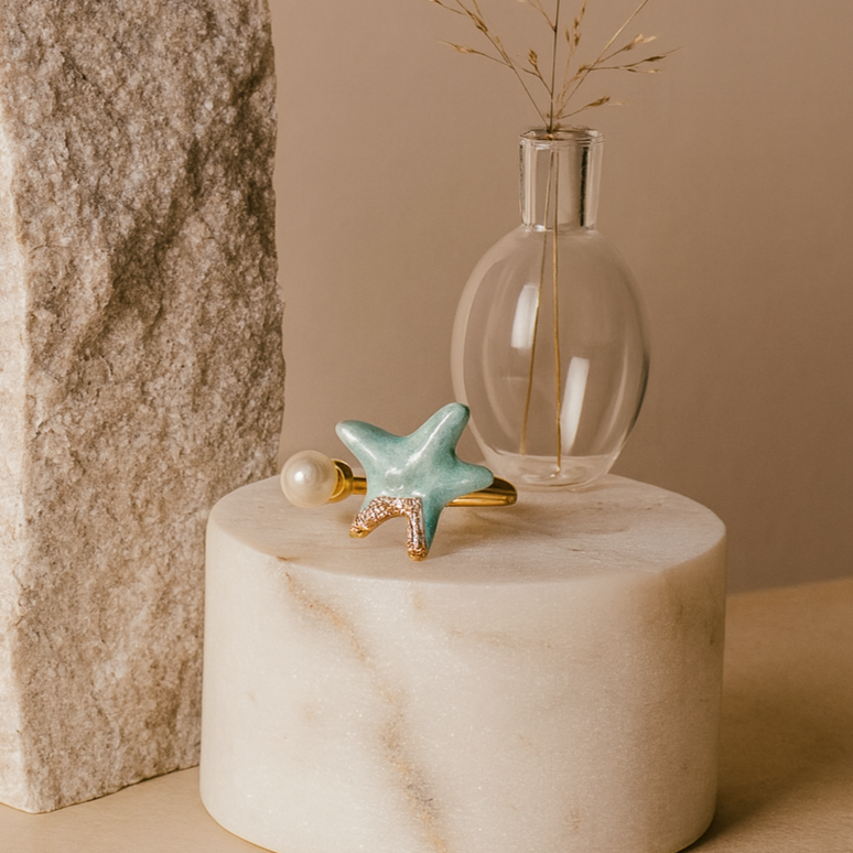 Starfish & Pearl Adjustable Ring