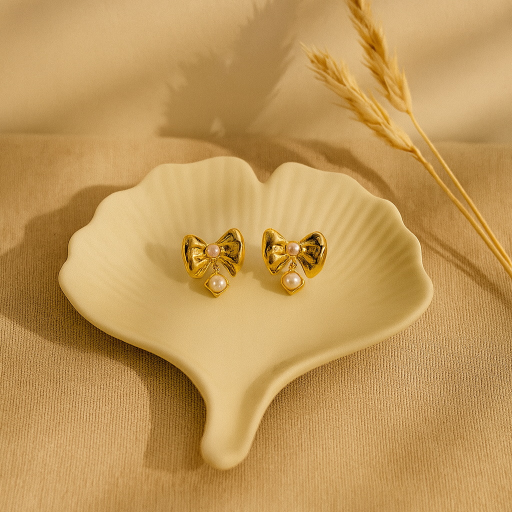 Gold Bow Pearl Drop Earrings