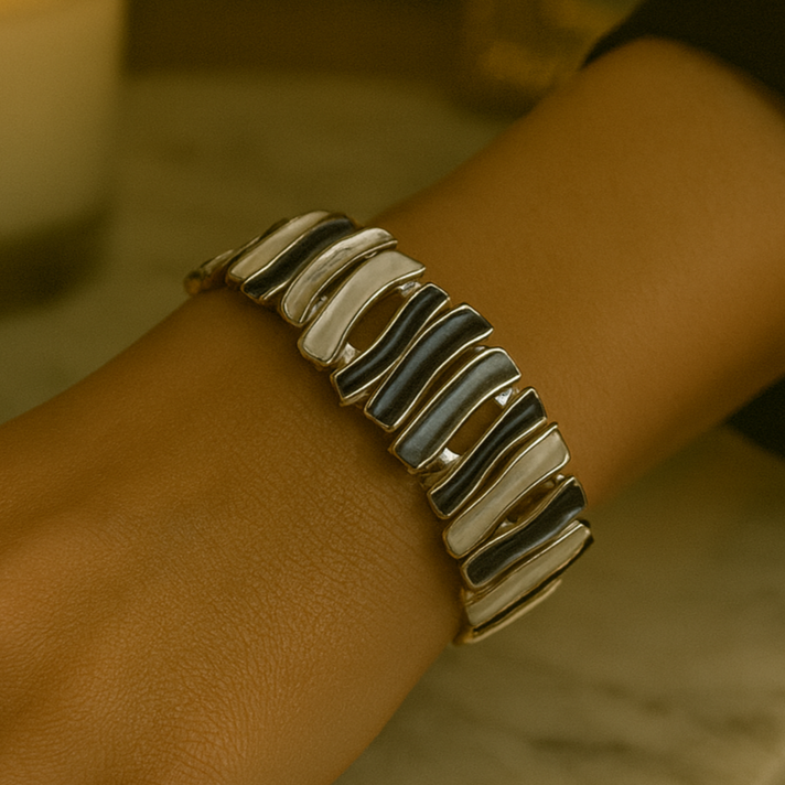Silver & Black Enamel Wave Bracelet (Stretchable)