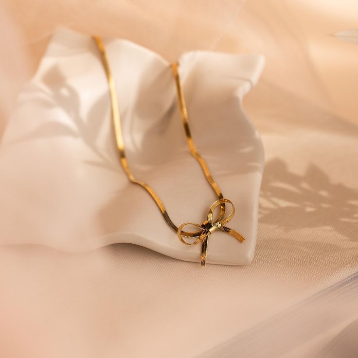 Gold Ribbon Bow Pendant Necklace