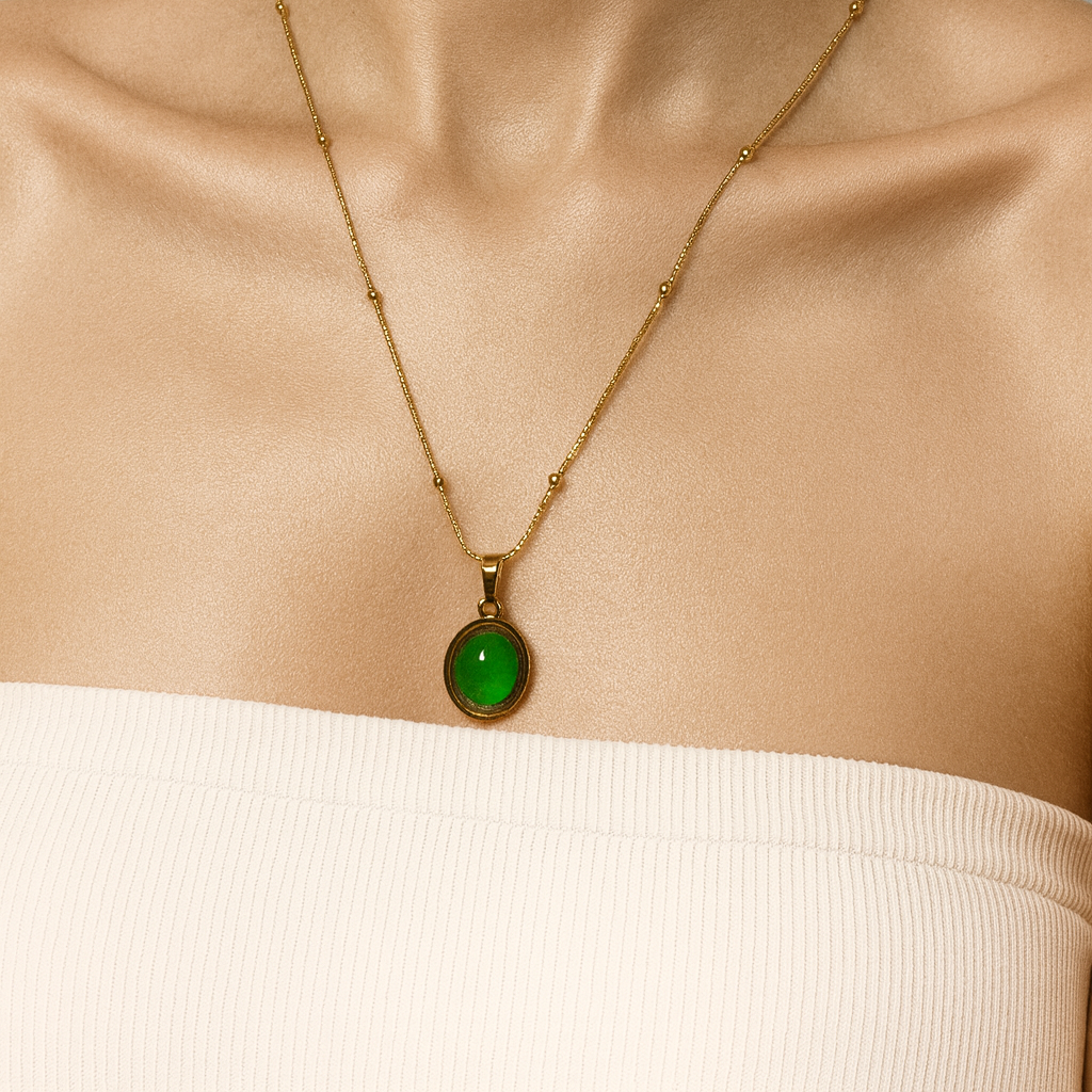 Gold & Green Stone Oval Pendant Necklace