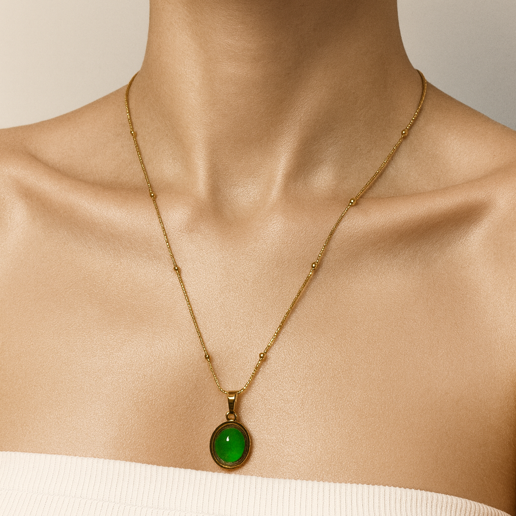 Gold & Green Stone Oval Pendant Necklace
