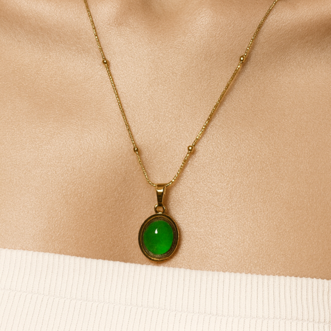 Gold & Green Stone Oval Pendant Necklace