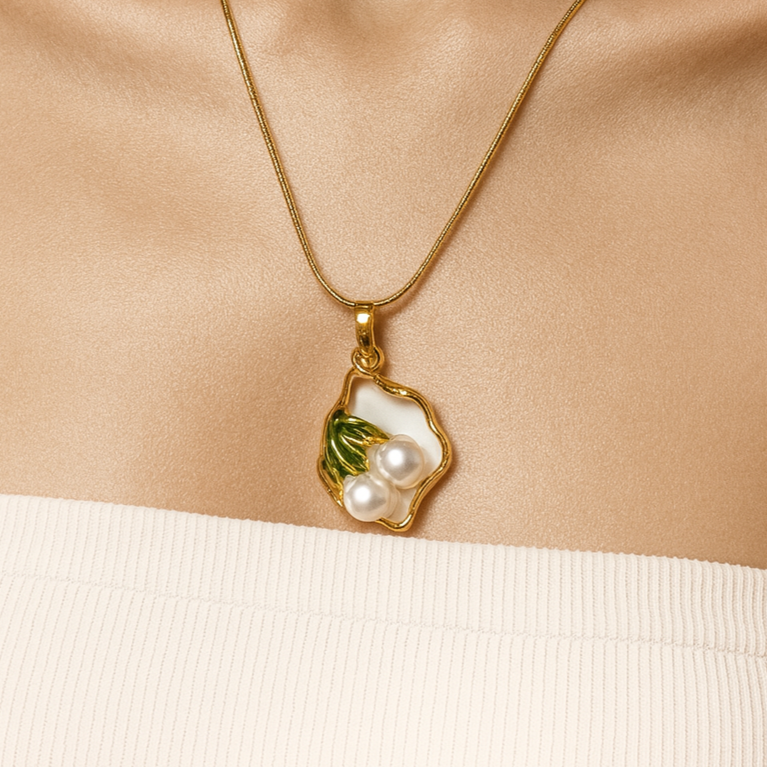 Elegant Pearl & Enamel Leaf Pendant Necklace
