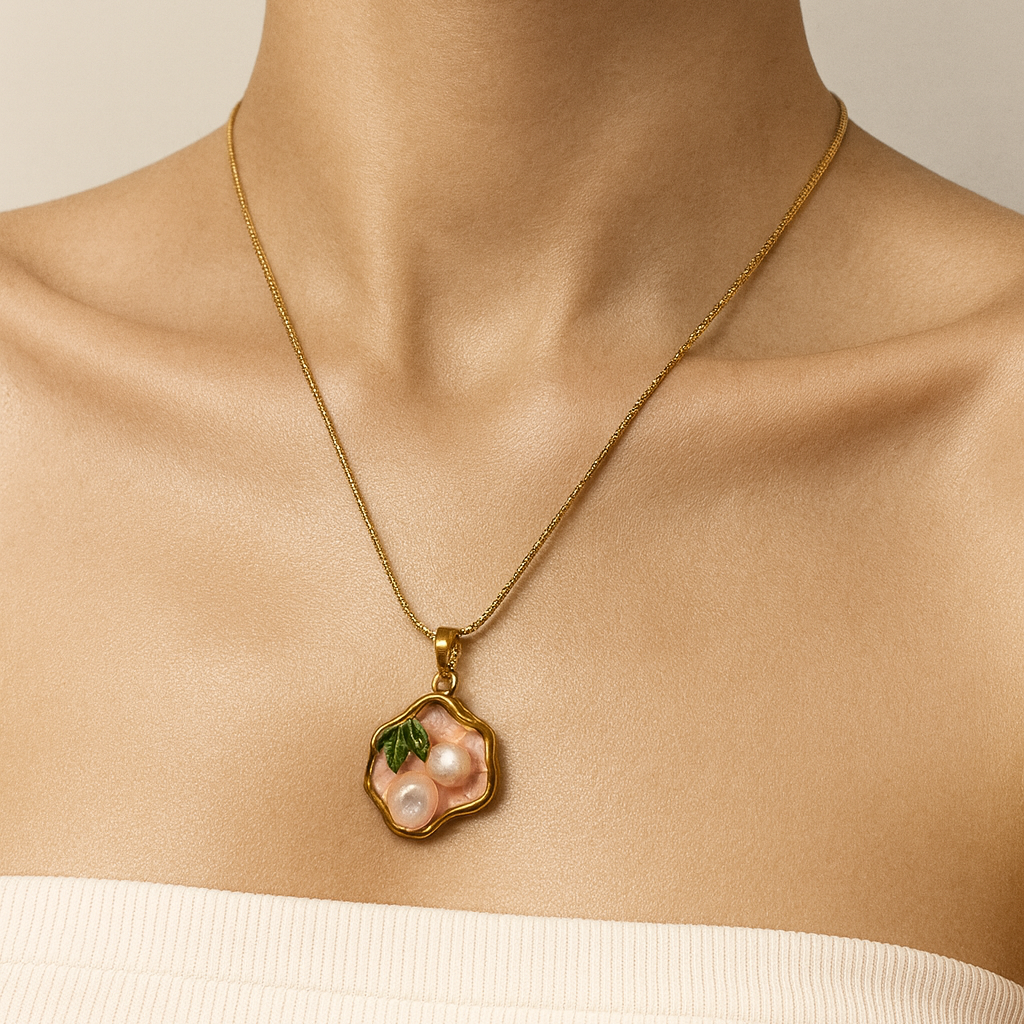 Blush Pearl & Enamel Leaf Pendant Necklace