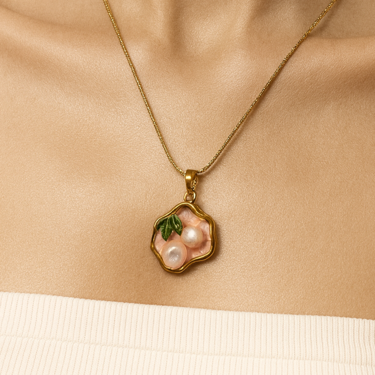 Blush Pearl & Enamel Leaf Pendant Necklace