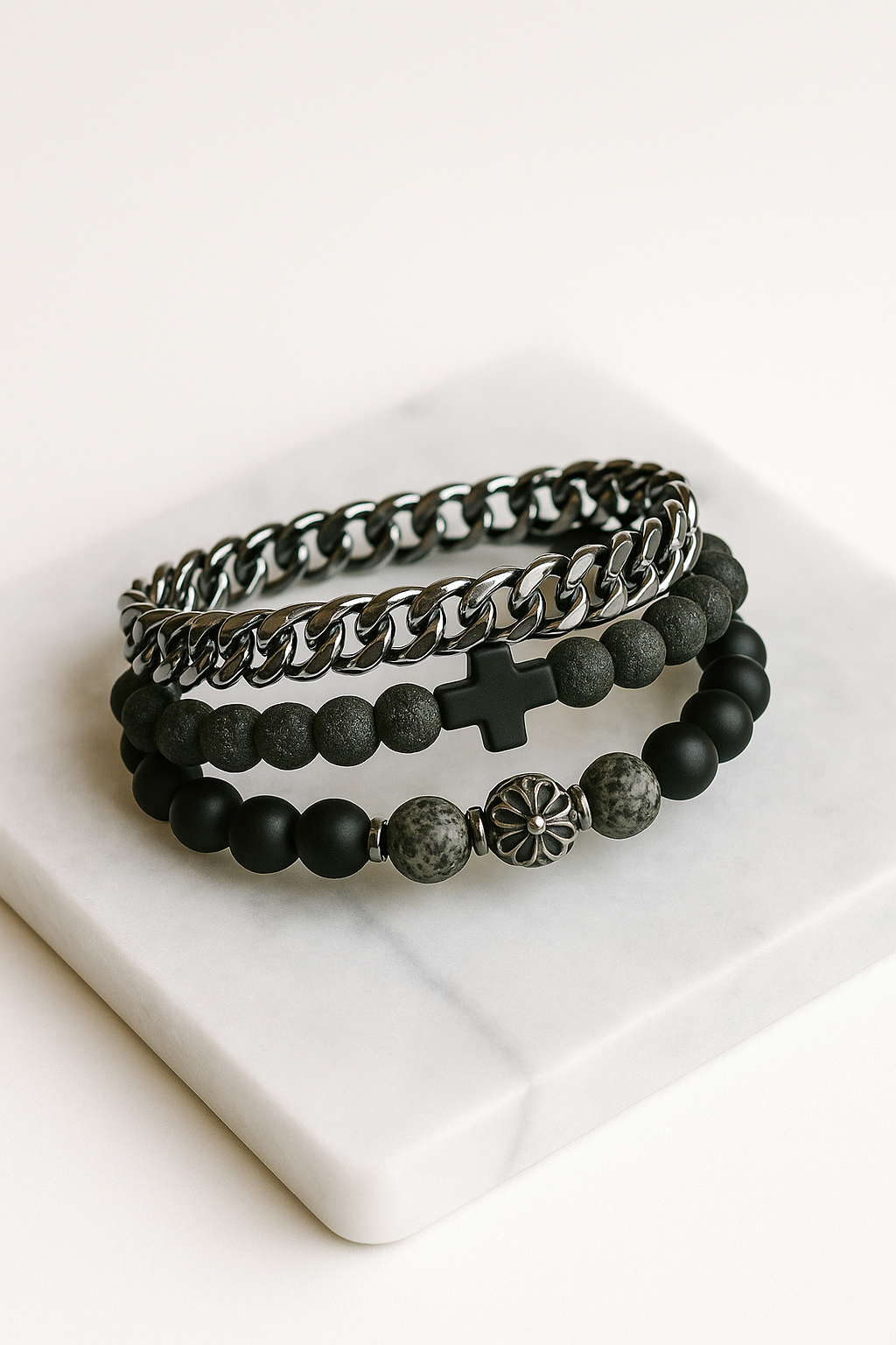Men’s Black Beaded & Chain Bracelet Set