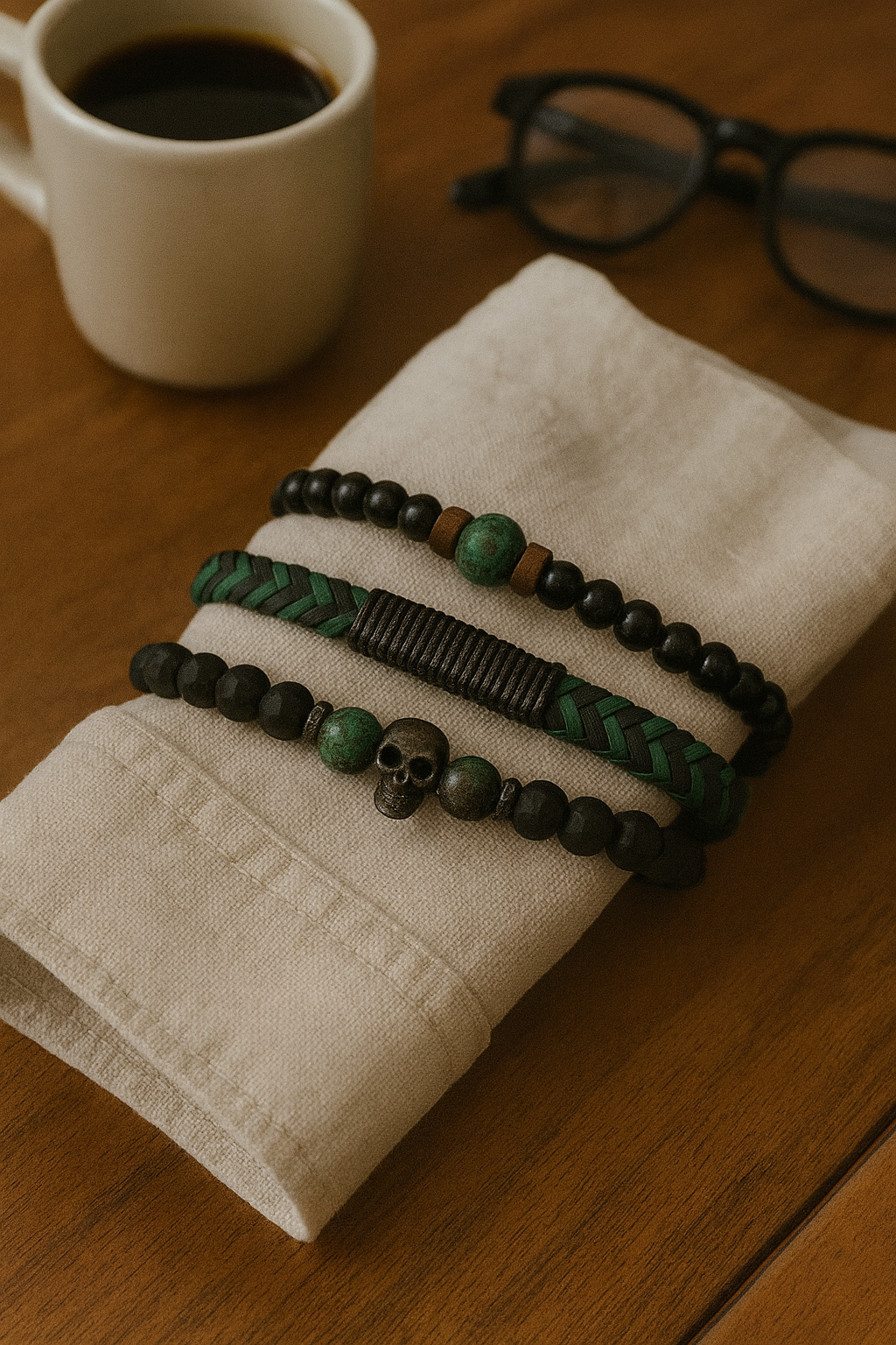 Green & Black Beaded Bracelet Set