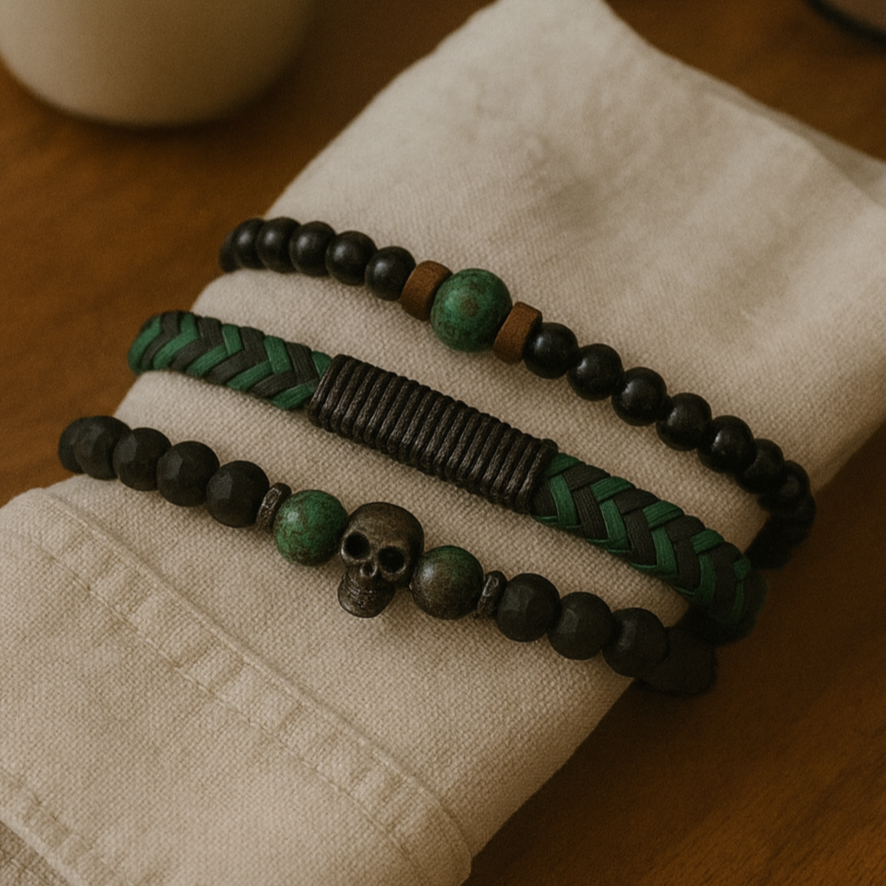 Green & Black Beaded Bracelet Set