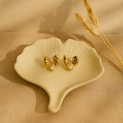 Gold Bow Pearl Drop Earrings