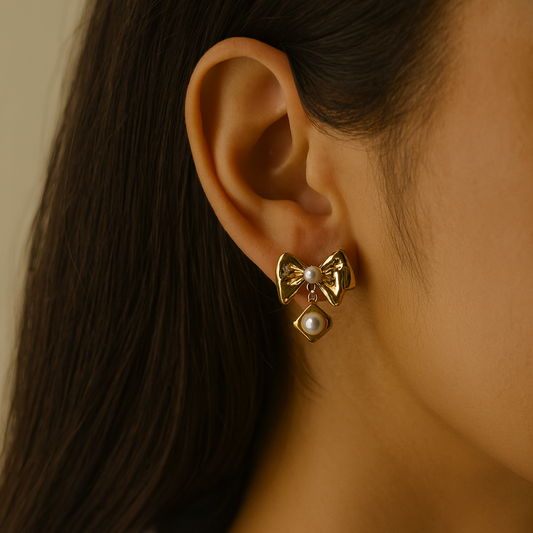 Gold Bow Pearl Drop Earrings