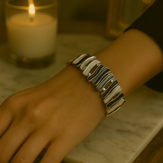 Silver & Black Enamel Wave Bracelet (Stretchable)