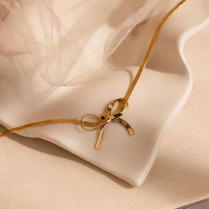 Gold Ribbon Bow Pendant Necklace