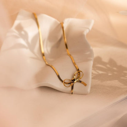 Gold Ribbon Bow Pendant Necklace