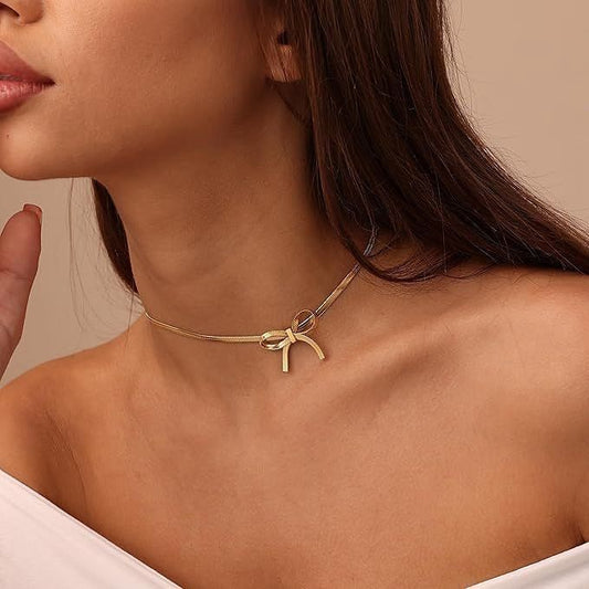 Gold Ribbon Bow Pendant Necklace