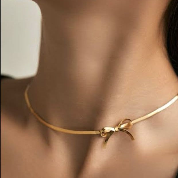 Gold Ribbon Bow Pendant Necklace