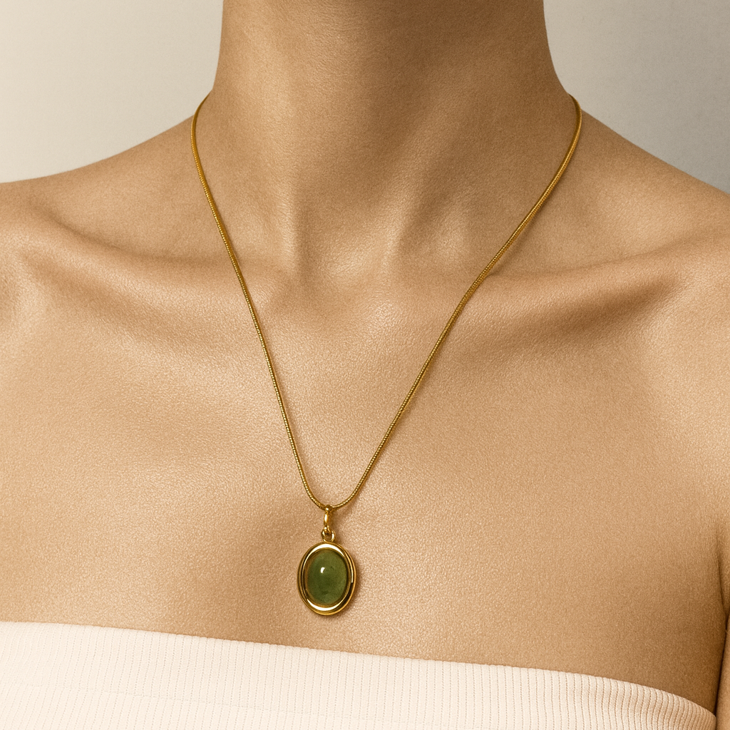 Gold & Green Oval Stone Pendant Necklace