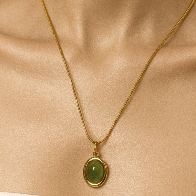 Gold & Green Oval Stone Pendant Necklace