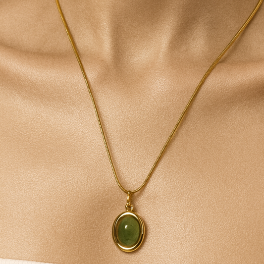 Gold & Green Oval Stone Pendant Necklace