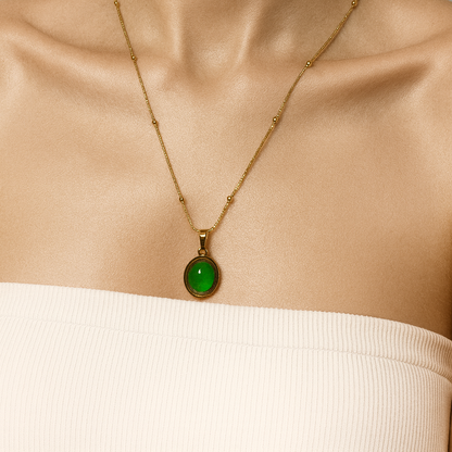 Gold & Green Stone Oval Pendant Necklace