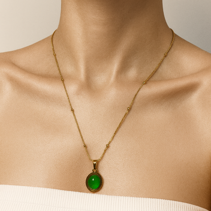 Gold & Green Stone Oval Pendant Necklace