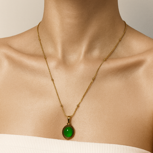 Gold & Green Stone Oval Pendant Necklace