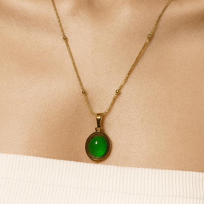 Gold & Green Stone Oval Pendant Necklace