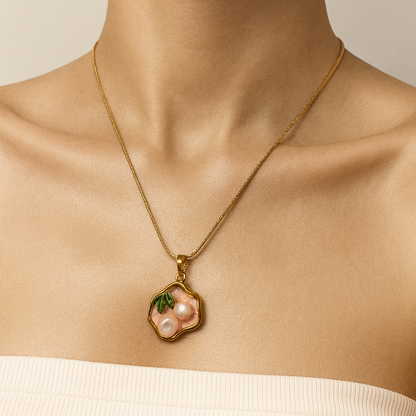 Blush Pearl & Enamel Leaf Pendant Necklace