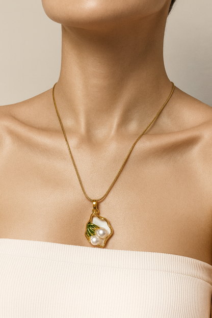 Elegant Pearl & Enamel Leaf Pendant Necklace