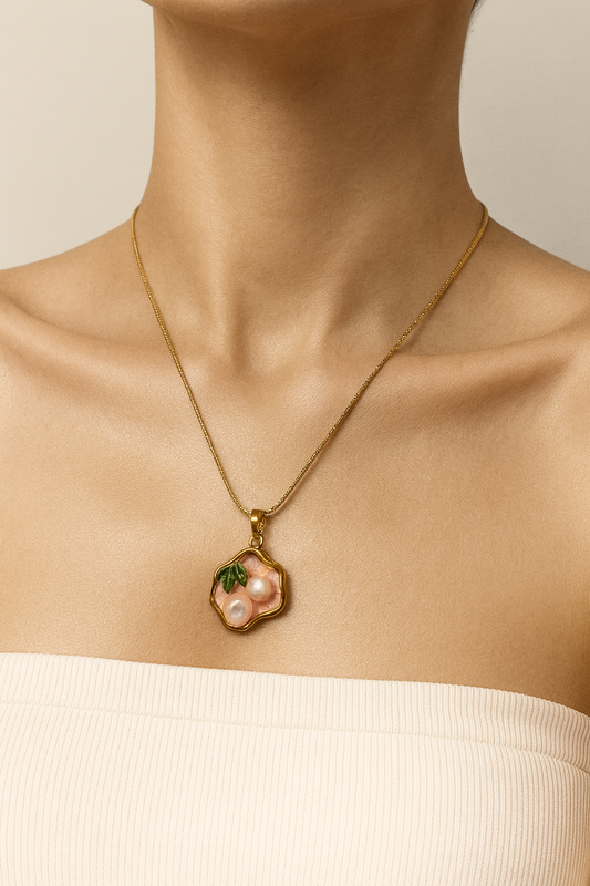 Blush Pearl & Enamel Leaf Pendant Necklace