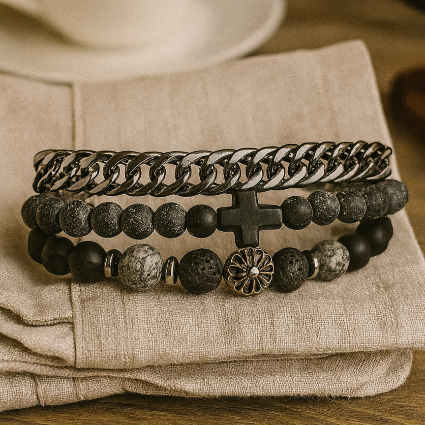 Black Beaded & Chain Bracelet Set