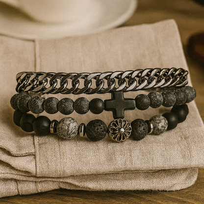 Black Beaded & Chain Bracelet Set