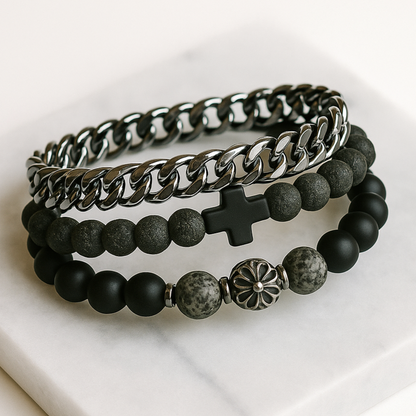 Men’s Black Beaded & Chain Bracelet Set
