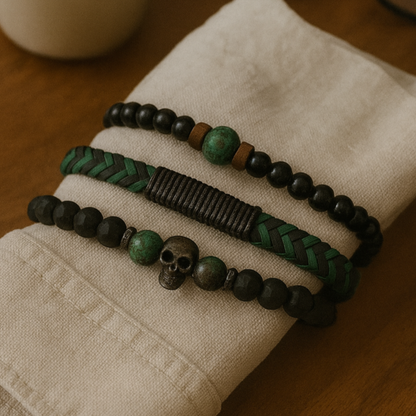 Green & Black Beaded Bracelet Set